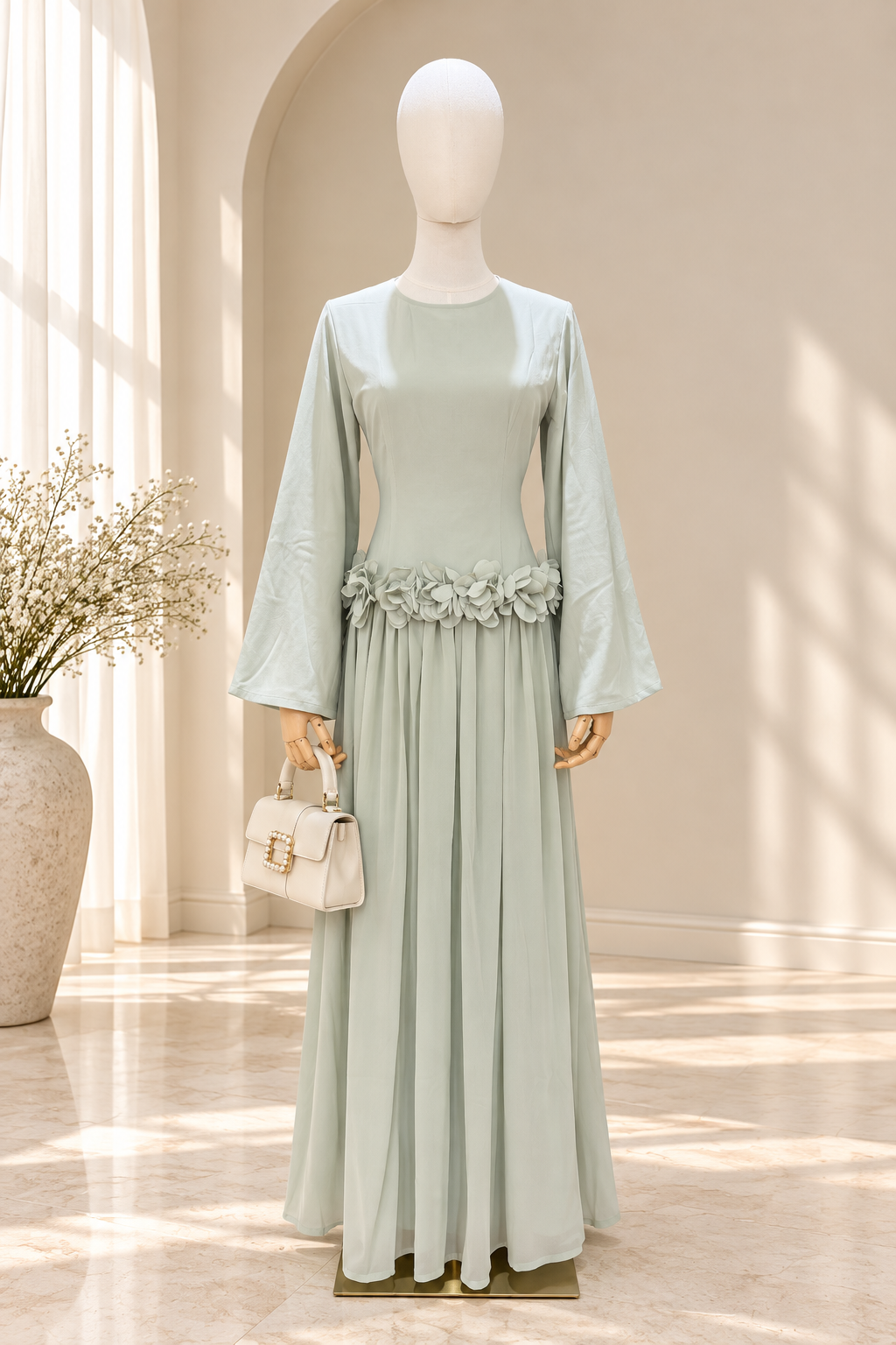 Floral Waist Chiffon Maxi Dress - Sage Green