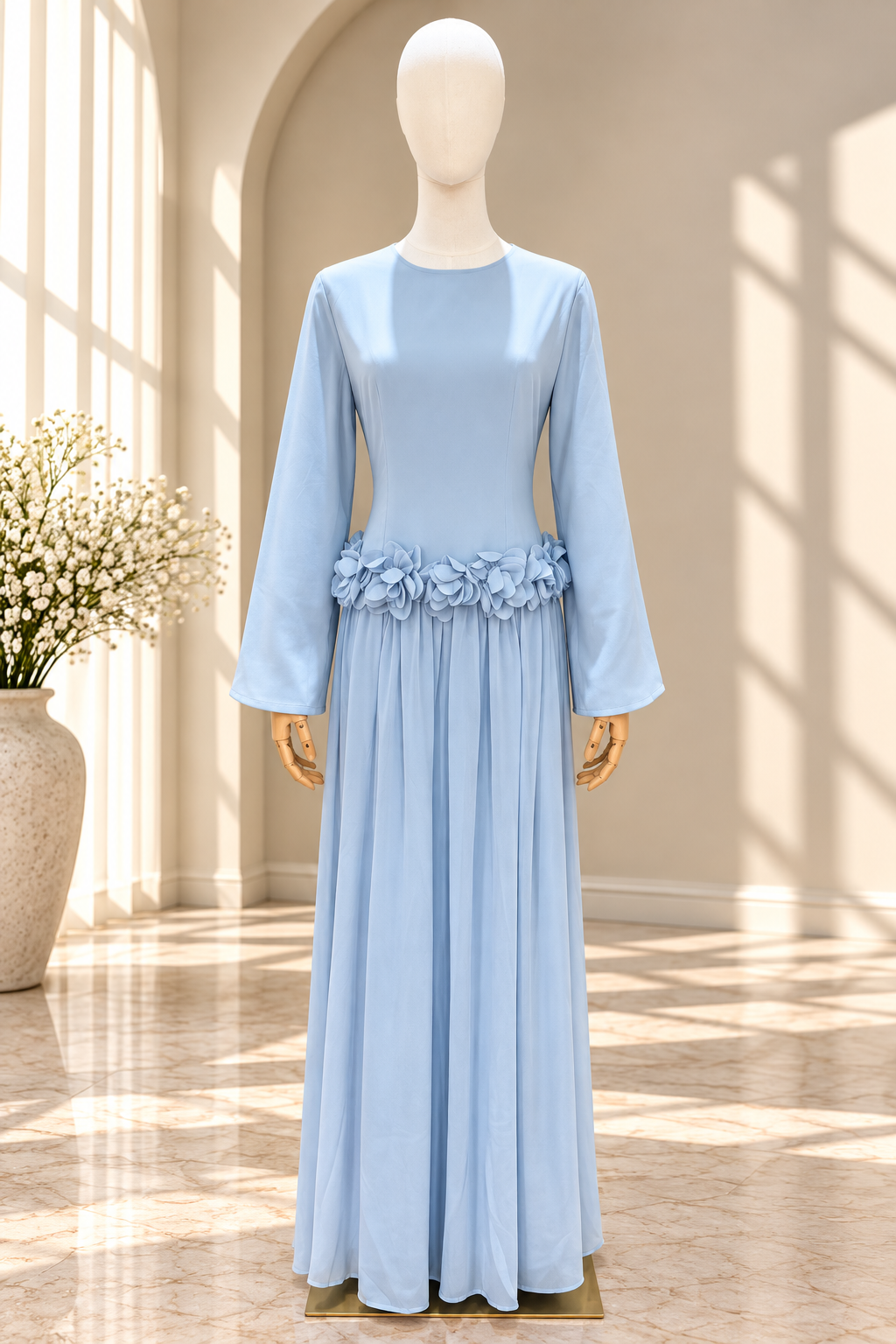Floral Waist Chiffon Maxi Dress - Baby Blue