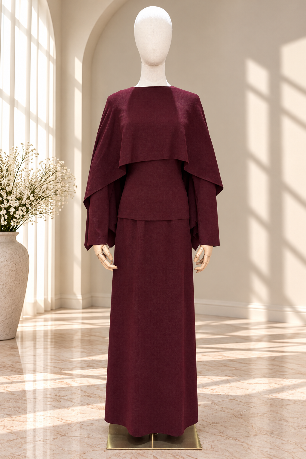 Cape Detail Knit Maxi Skirt Set - Maroon