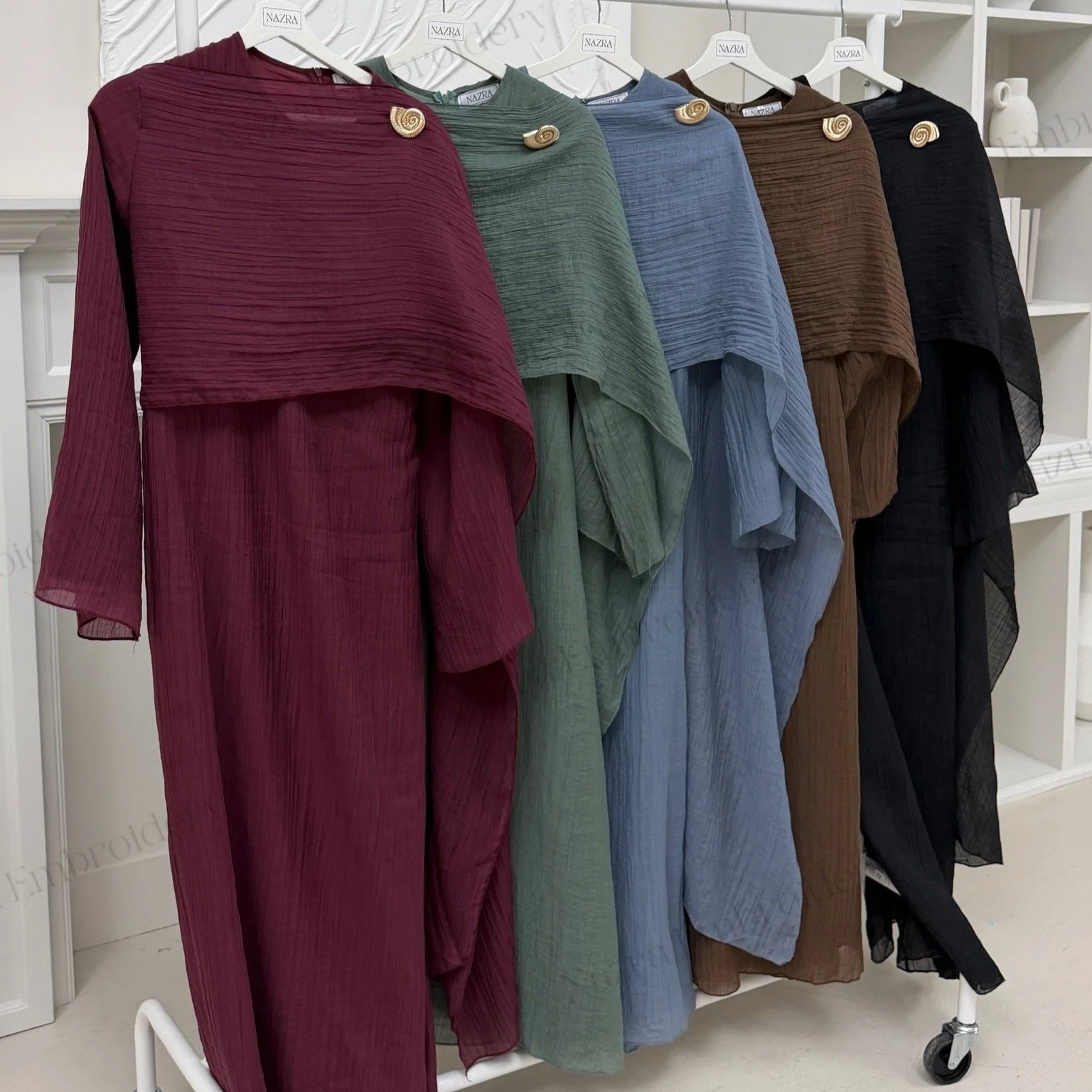 Wrinkle Modest Dress with Off the Shoulder Detail