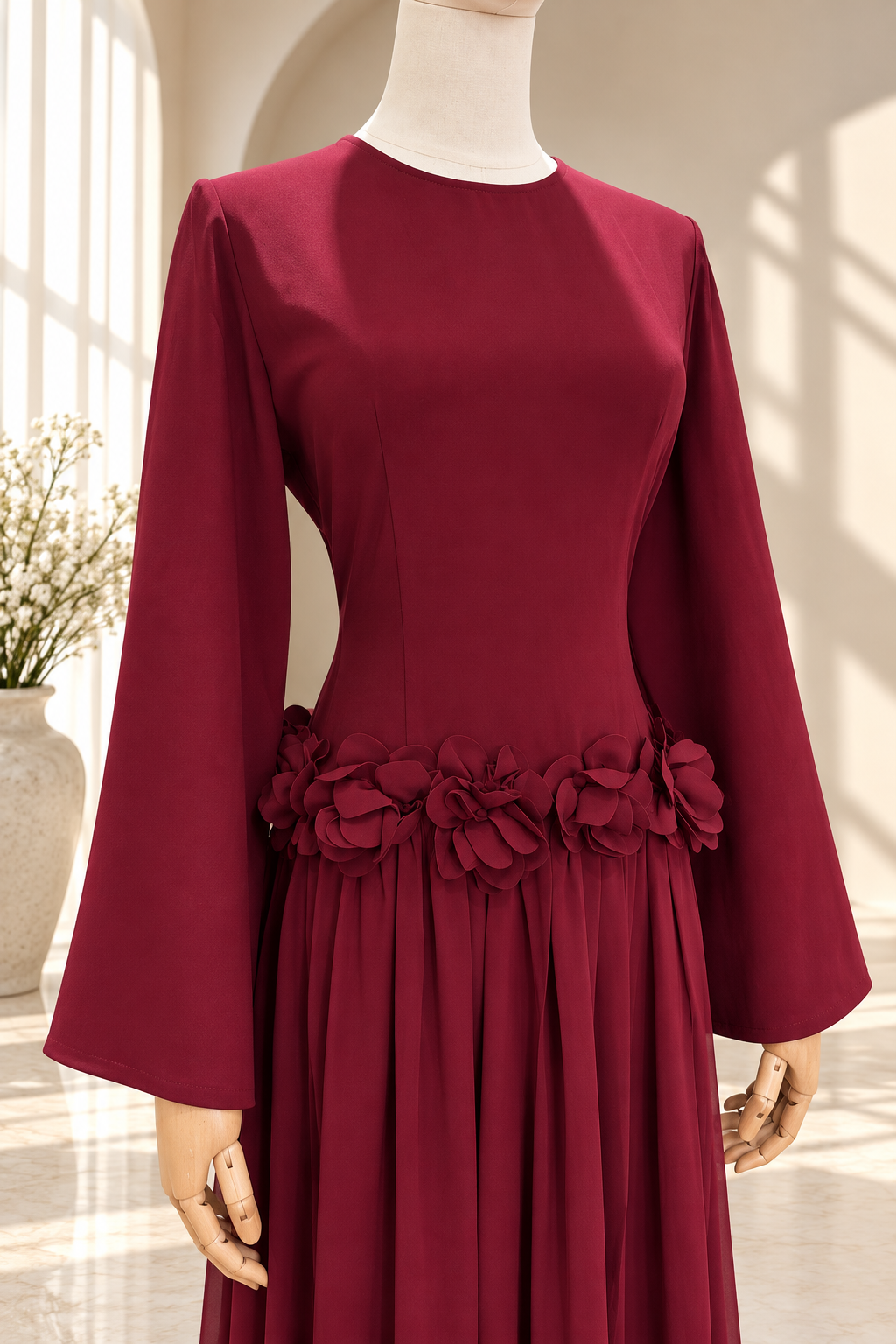 Burgundy Floral-Waist Dress Mannequin.png