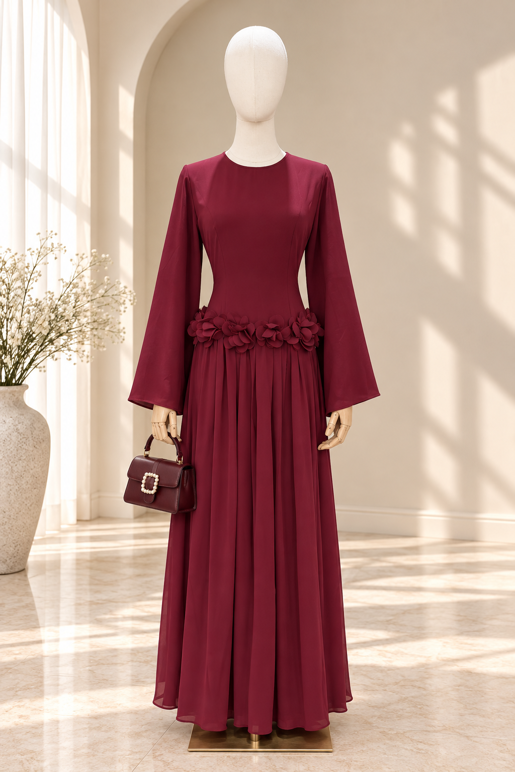 Floral Waist Chiffon Maxi Dress - Maroon