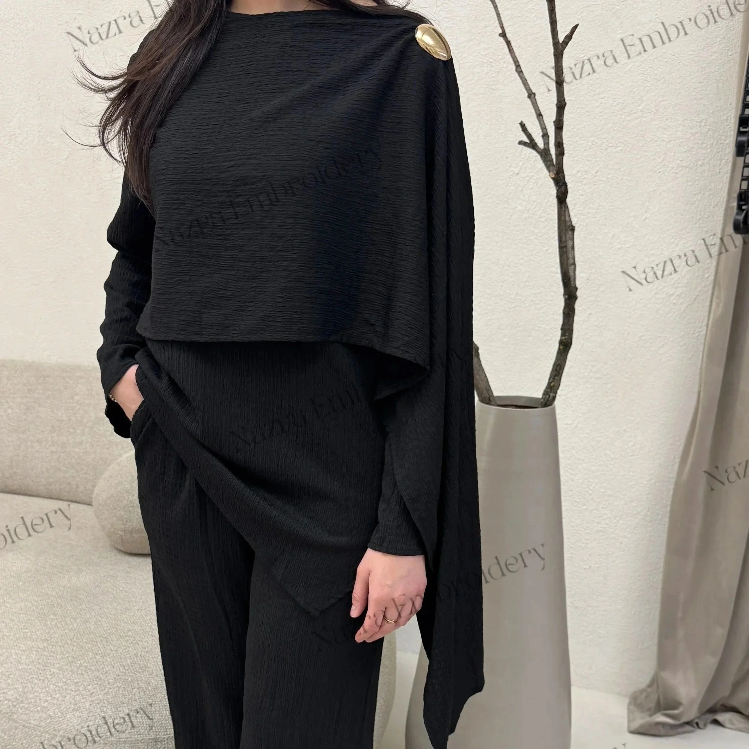 Long-Sleeve Top and Pants Co-ord Set with Gold Pin Detail