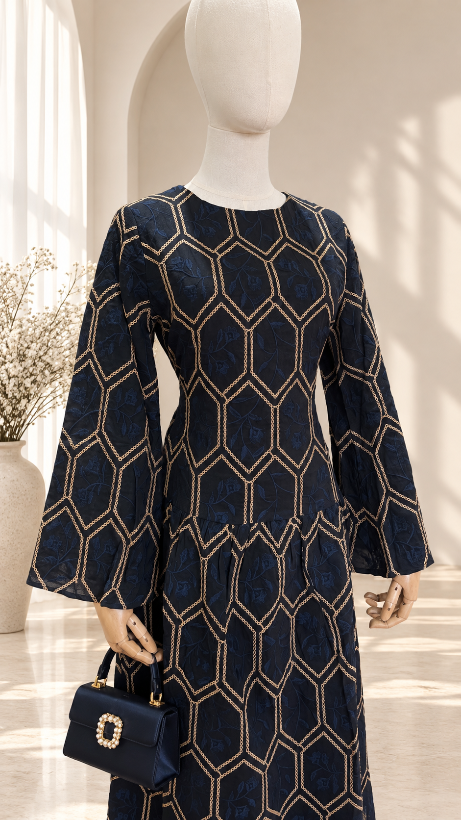 Elegant Navy Jacquard Dress Display.png