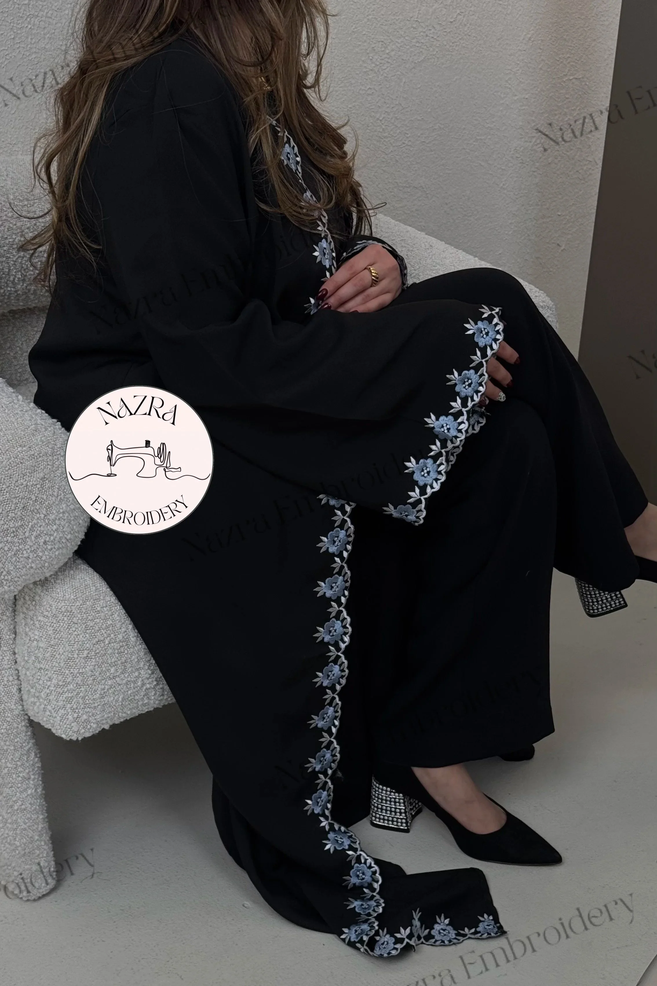 Blue Floral Embroidered Abaya