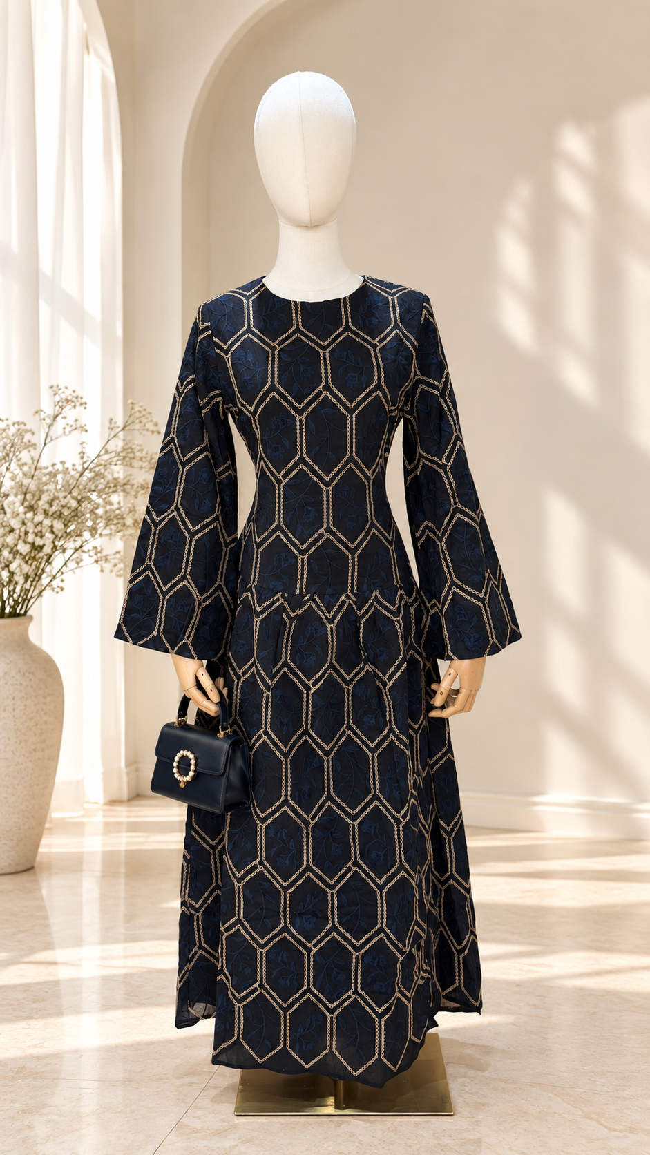 Elegant Navy Hexagon Dress Display.png
