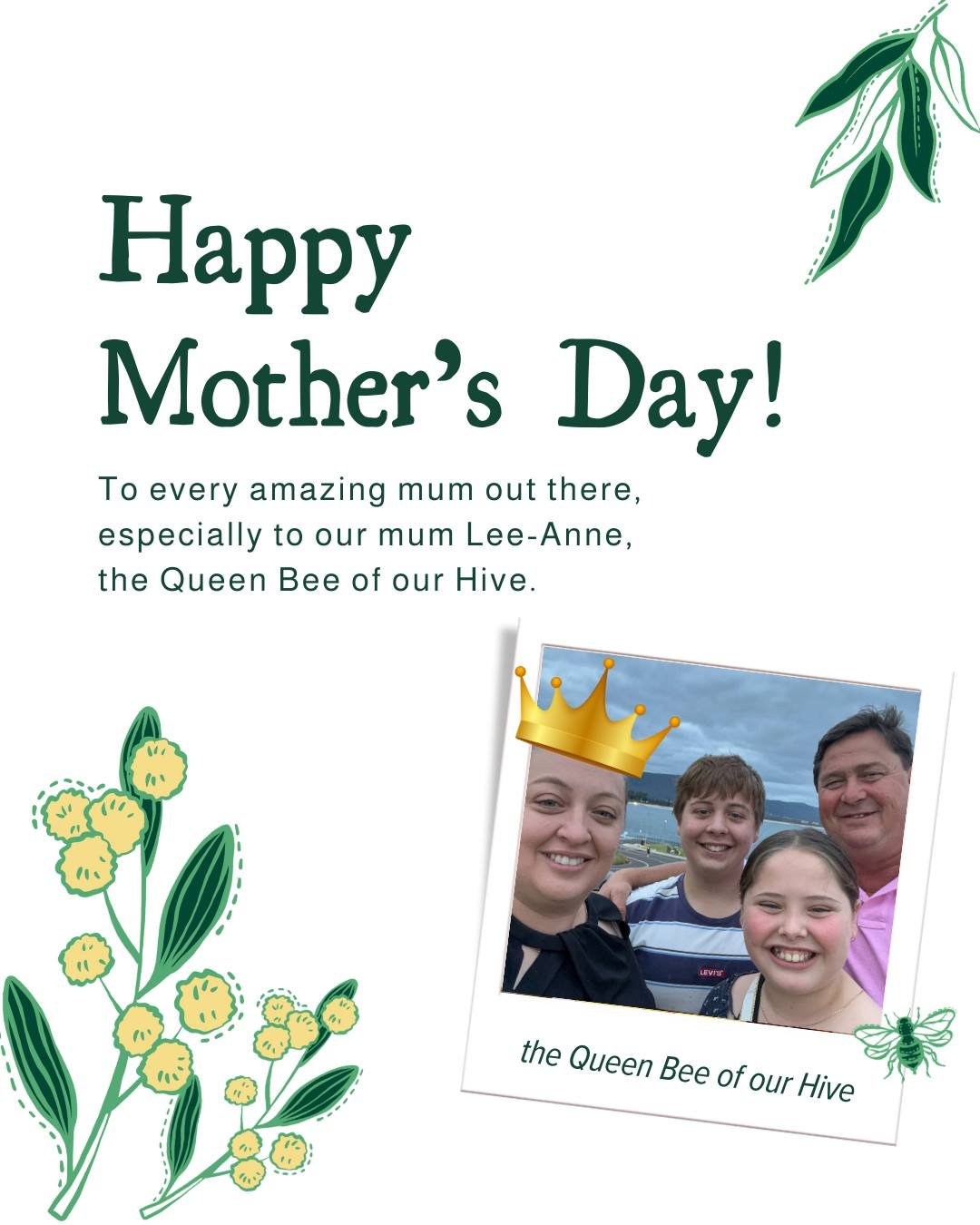 To all the amazing mums out there, may your day be extra sweet like honey🍯, filled with much love and warmth with your families today. Happy Mother's Day!💐💛🤗

Most especially to our mum Lee-Anne, the QUEEN BEE of our Hive.👑🐝 We appreciate you e