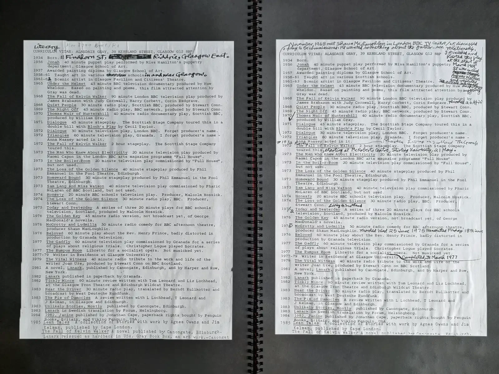 Two typed curriculum vitae pages side by side - each listing works from 1934 onwards, and each covered in different handwritten corrections and additions in ink.