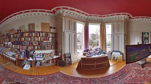 Flattened 360 image of Alasdair Gray’s large old-fashioned front room with red ceiling and cream walls covered in books and pictures