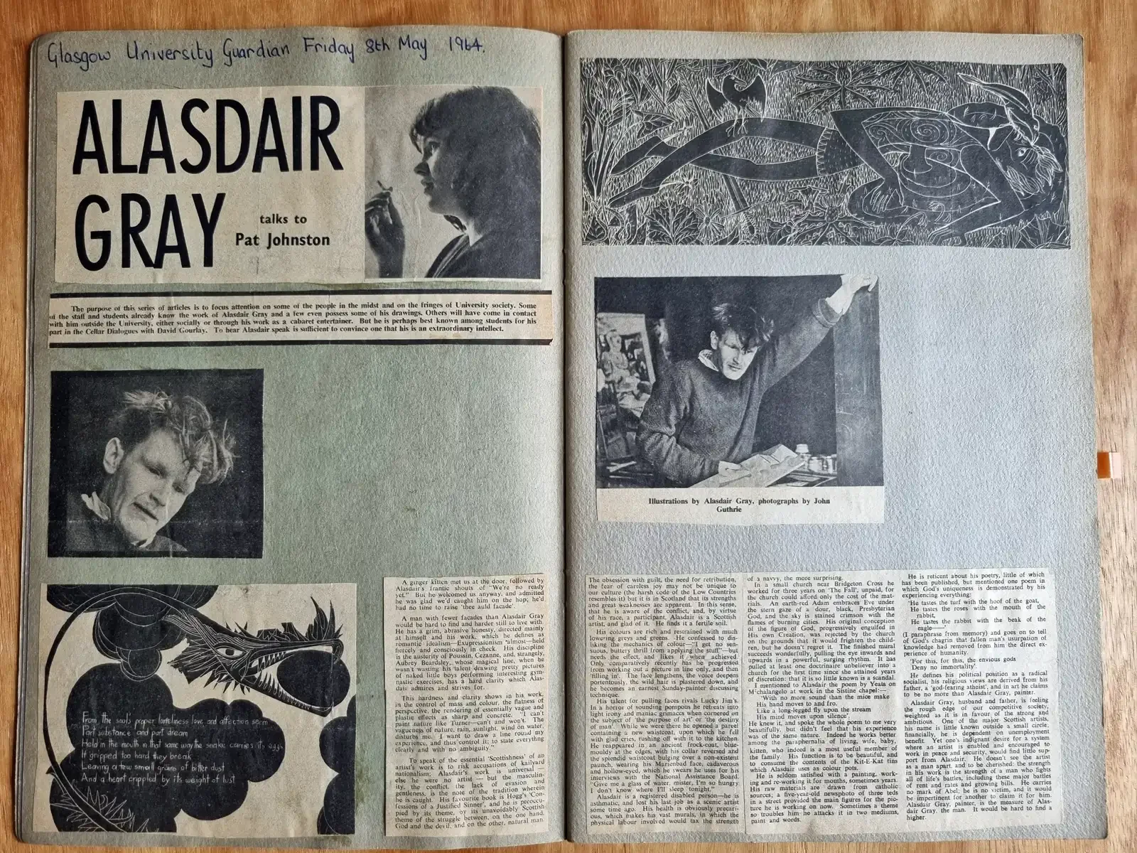 Scrapbook pages with a 1964 student newspaper feature headed 'Alasdair Gray talks to Pat Johnston', with photographs of Gray in his twenties and his black and white illustrations.