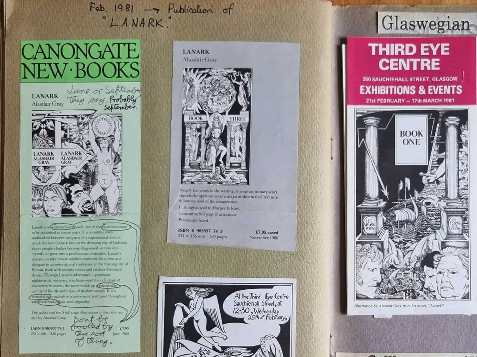 A scrapbook page headed 'Feb. 1981, Publication of LANARK', with publisher's catalogue clippings and a pink Third Eye Centre flyer, all including Alasdair's black and white illustrations.