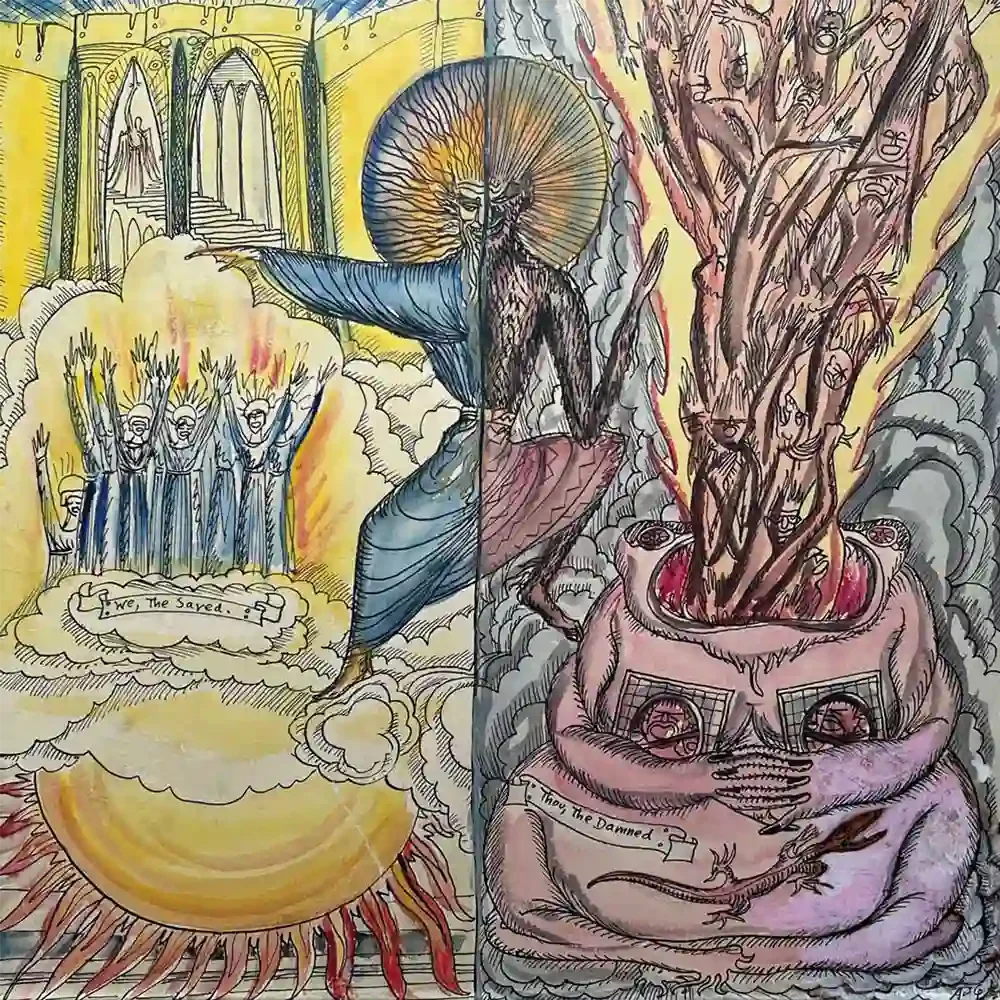 Ink and watercolour picture of a seated central figure with a godlike left side and devilish right. Left of him is a gold castle door above blue clad figures on a golden sun. Right are naked bodies being sucked into a fiery furnace.
