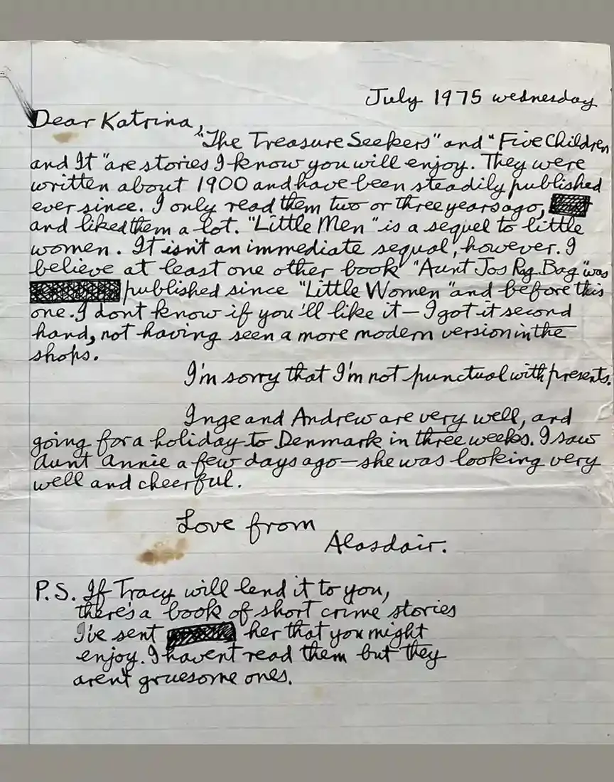 Handwritten letter in dark ink on lined paper, dated July 1975 and signed "Love from Alasdair", with several scored-out words, two faint stains and a postscript filling the lower third.