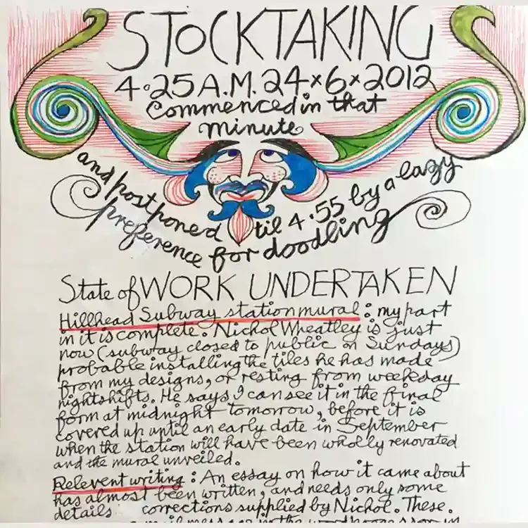 Handwritten text in black ink that says 'Stocktaking 4.25AM 24x6x2021 commenced in that minute and postponed by a lazy preference for doodling.' Surrounded by a colourful swirling doodle with a man's face in the centre.