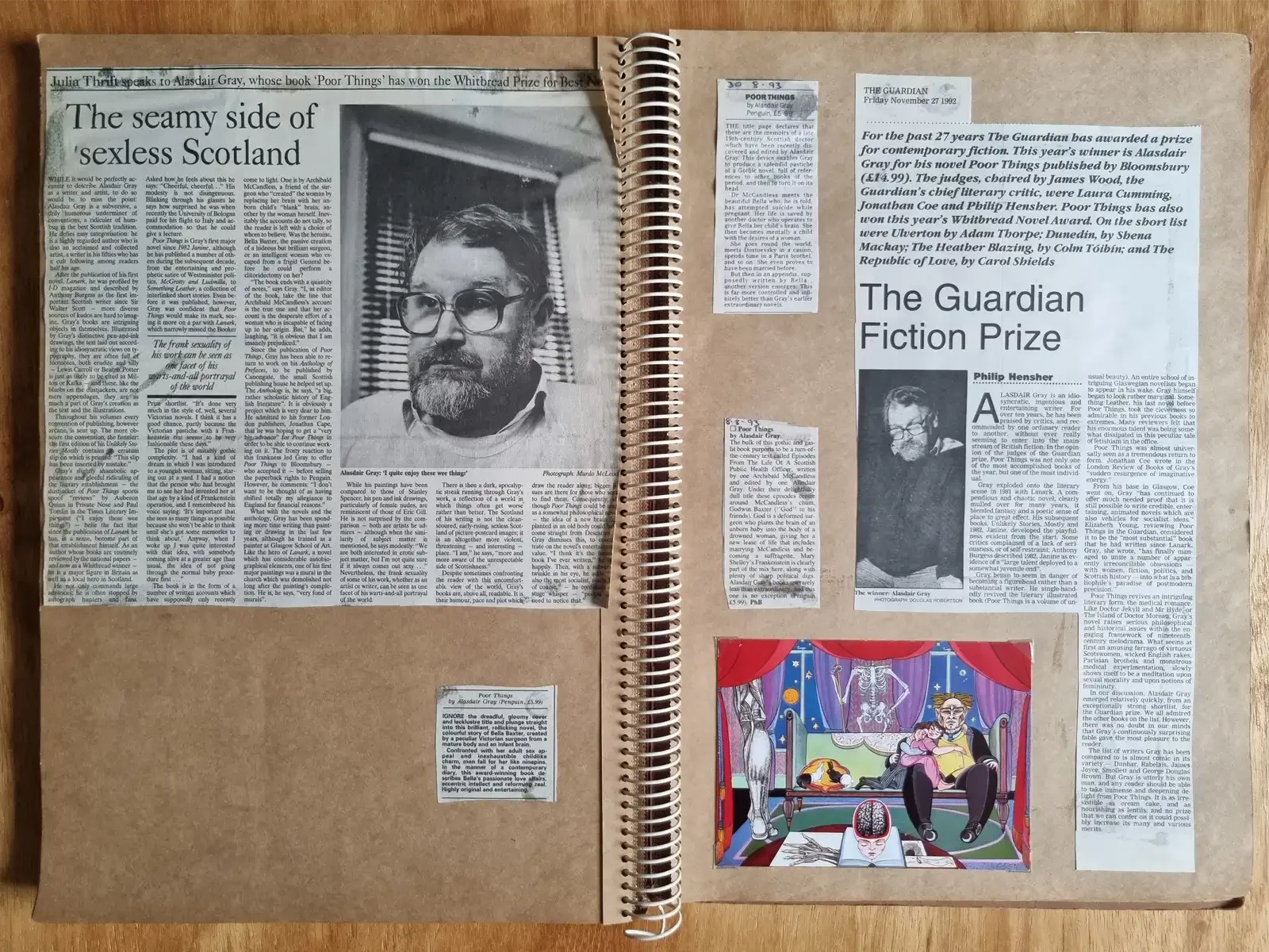 Scrapbook pages of press cuttings about Poor Things, including a large headline reading 'The Guardian Fiction Prize', photographs of Alasdair and a colour reproduction of his illustration.