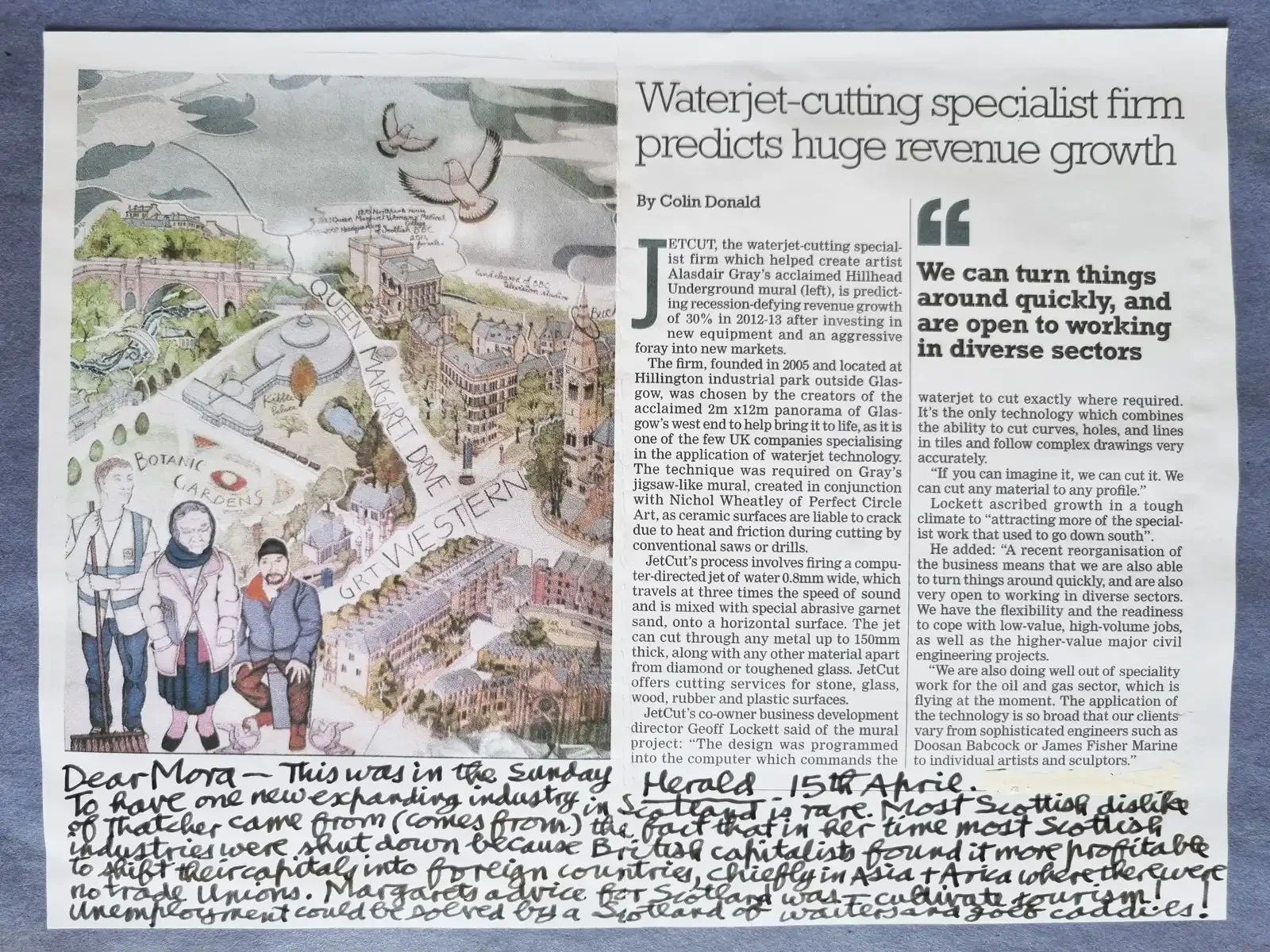 A newspaper cutting reproducing Alasdair's colourful aerial mural of Glasgow's west end. Below the article, several lines of dense handwriting run across the full width of the page.