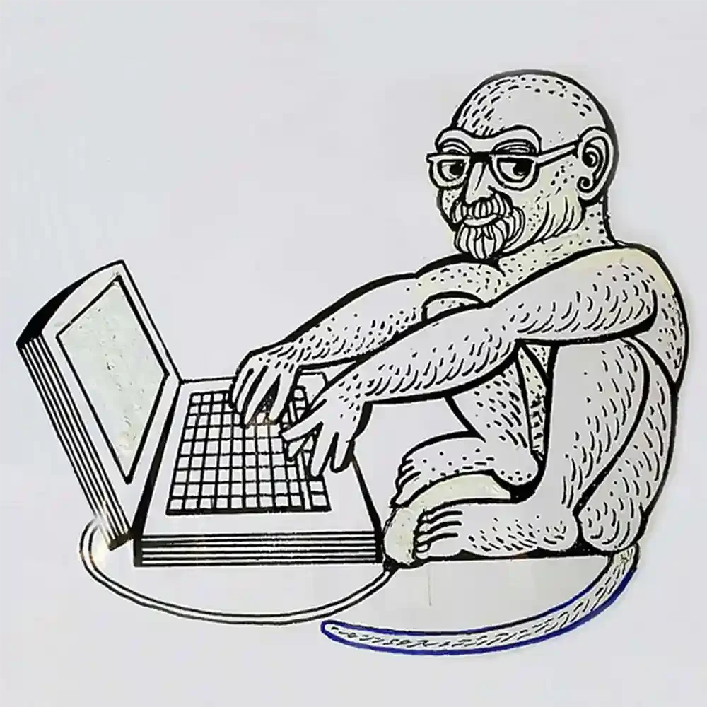 Drawing of bearded monkey-like man who resembles Alasdair Gray with blinking eyes and glasses, squatting and typing on laptop connected to a mouse.