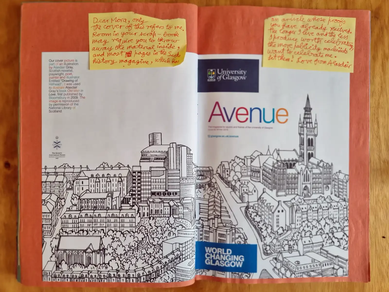 An open scrapbook showing a university magazine cover and back page, both printed with Alasdair's detailed black and white drawing of Glasgow rooftops. Two yellow notes are stuck above.