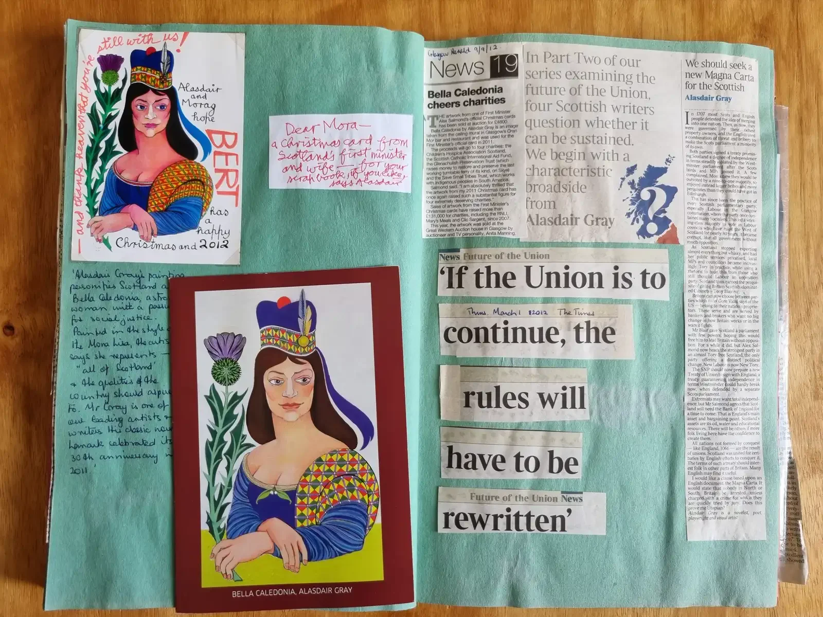 A green scrapbook page. Top left, a Christmas card showing Alasdair's painting of a dark-haired woman in a blue dress beside a thistle. Right, newspaper cuttings and a headline cut into strips.