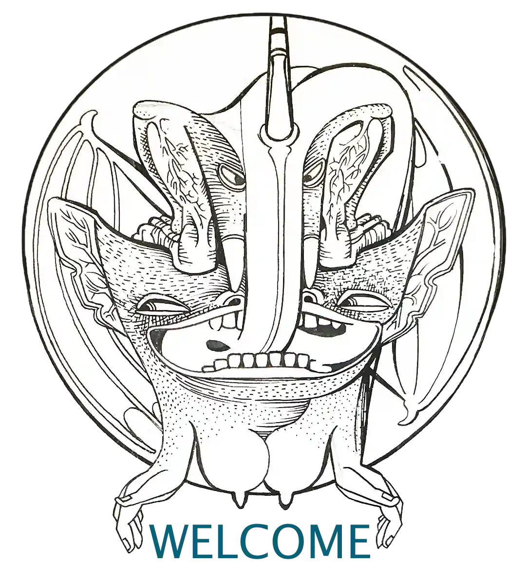 Fantastical Alasdair Gray drawing of elephant head with stumpy legs squatting on bat-like creature with big mouth, breasts and hands enclosing the word Welcome