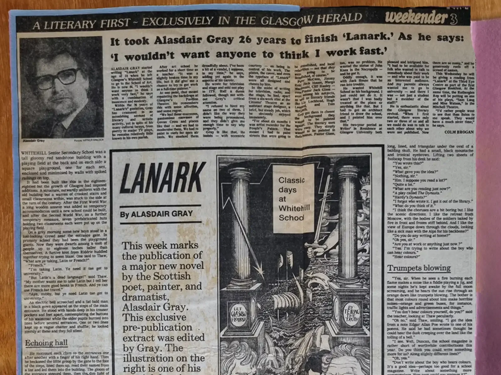 A newspaper article in a scrapbook. The headline reads 'It took Alasdair Gray 26 years to finish Lanark' and it includes a photograph of Alasdair and one of his own illustrations.