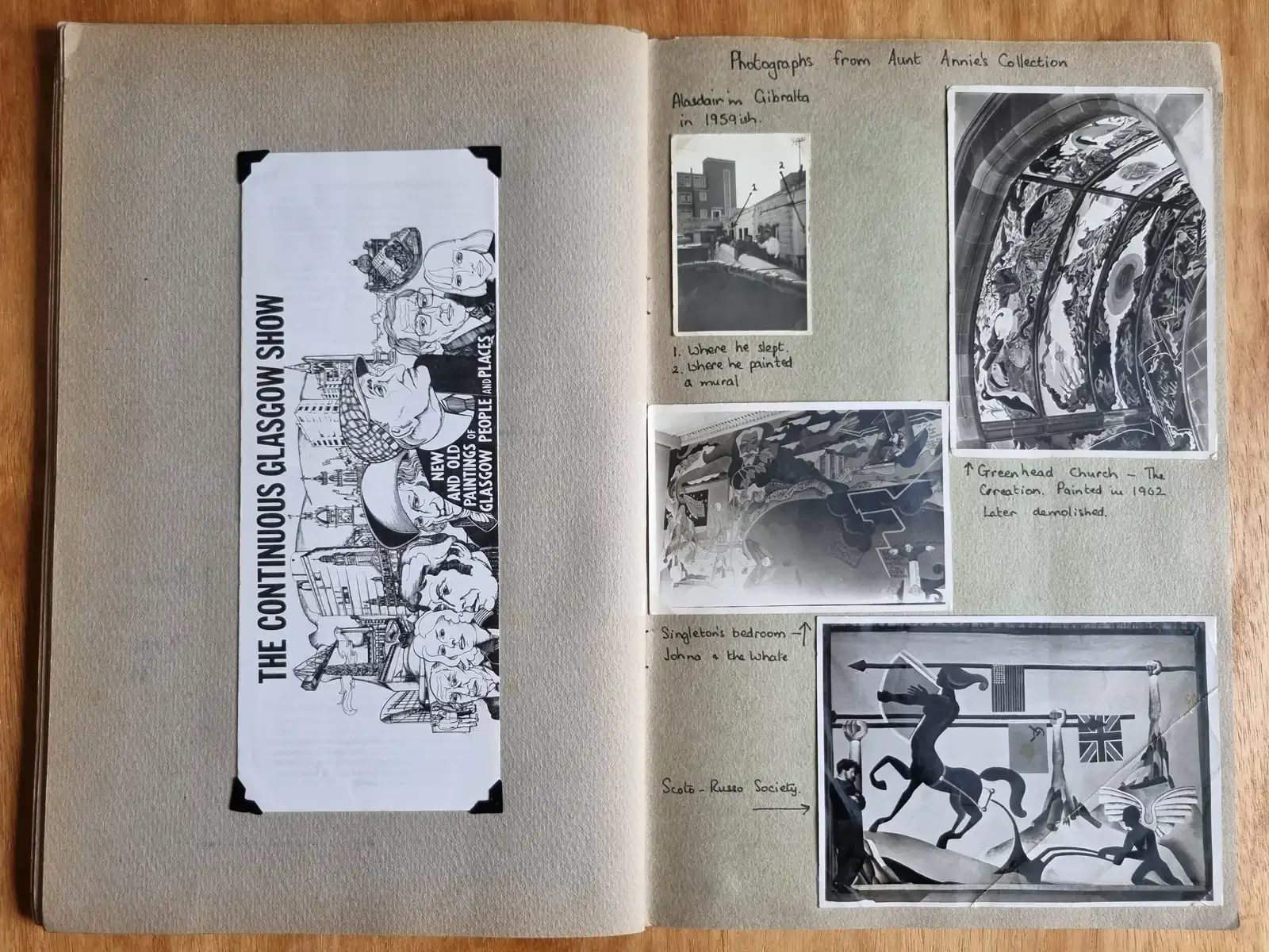 A scrapbook page headed 'Photographs from Aunt Annie's Collection', with small black and white photos of murals: a painted church ceiling, a bedroom wall, and figures with horses.