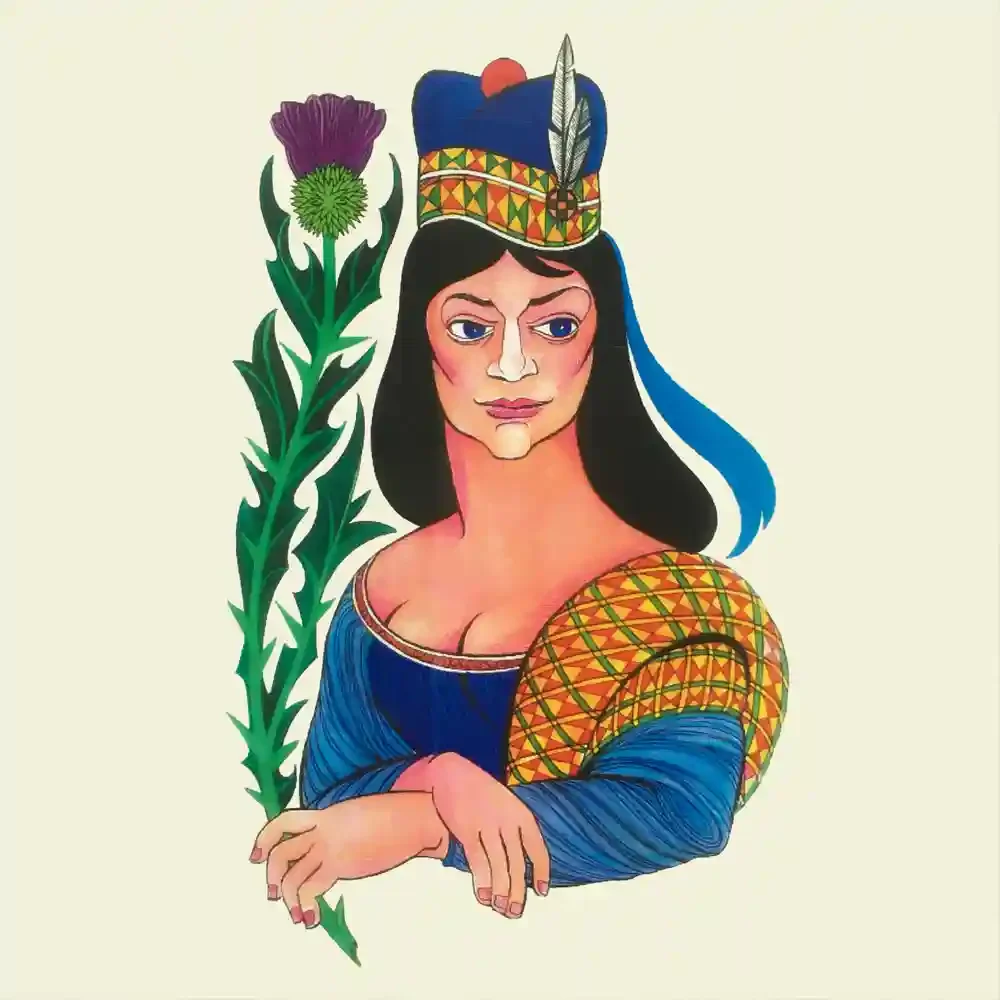 Bright print of a serious young woman with pink skin, dark hair and blue eyes wearing a small blue hat with 2 tall feathers. She has a low-cut blue dress and plaid fabric over her arm and she holds a large emblematic thistle.
