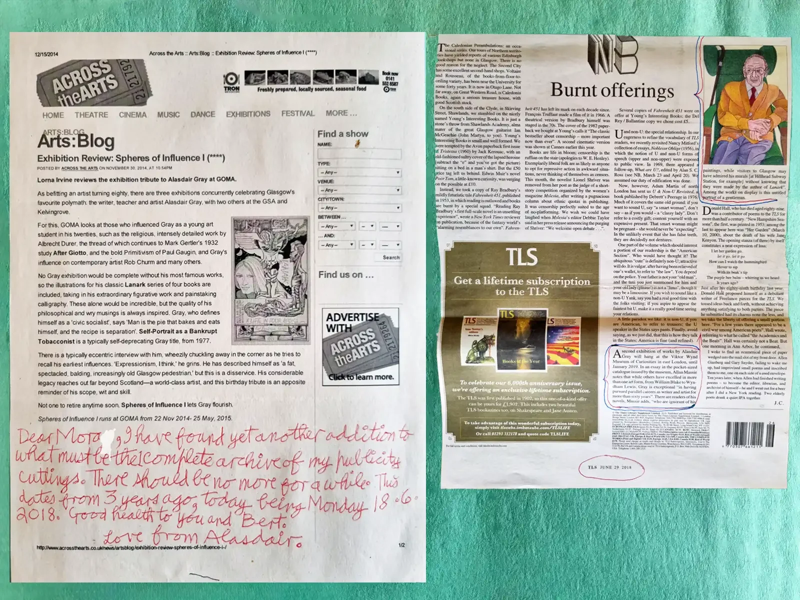 Two printed pages side by side. The left is a printout of an online exhibition review with six lines of red handwriting beneath it. The right is a newspaper books page.