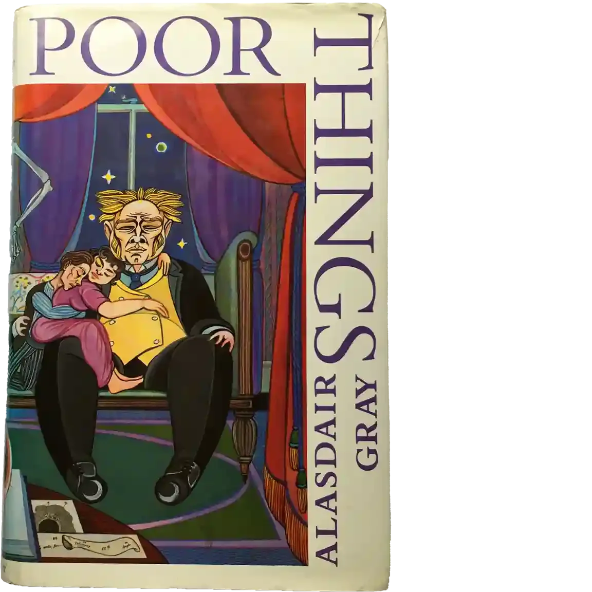 Dustjacket of Alasdair Gray’s Poor Things with coloured illustration of large man cradling small man and woman on his knee.