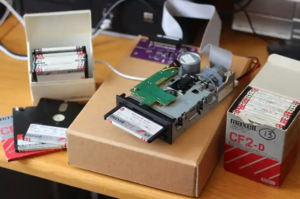 Boxes of old computer floppy disks and one inserted into an old floppy disk reader.