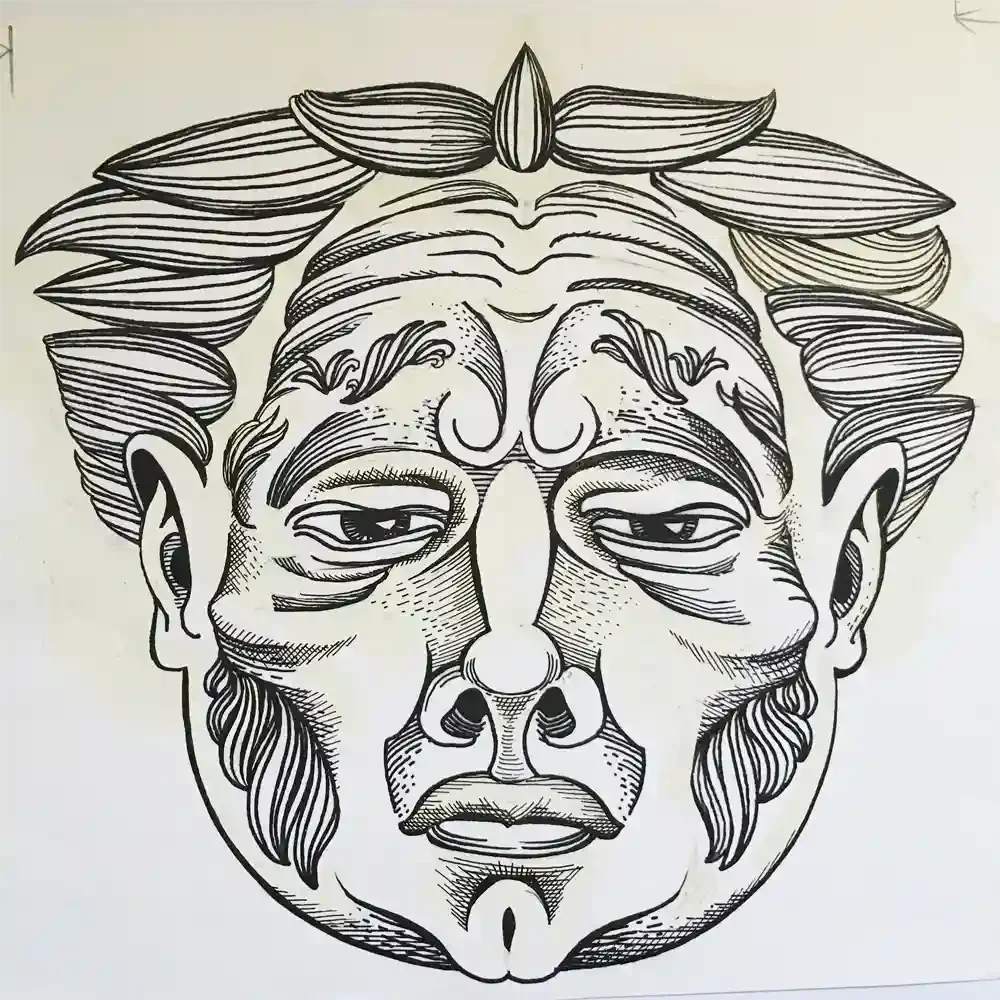 Outline drawing of a large white man’s face in black ink with lots of correction fluid. His face is all curves and lines and he looks straight at us with sad, serious eyes and a downturned mouth.