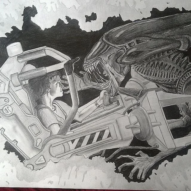 Aliens. Hand-drawn with graphite on paper.