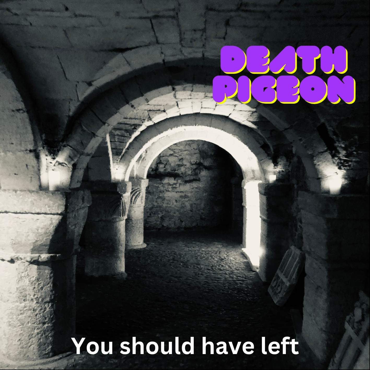 A black and white photo of an underground stone tunnel with arches and columns, lit with soft lights. The text on the image reads 'Death Pigeon' in purple and yellow lettering at the top, and 'You should have left' at the bottom.
