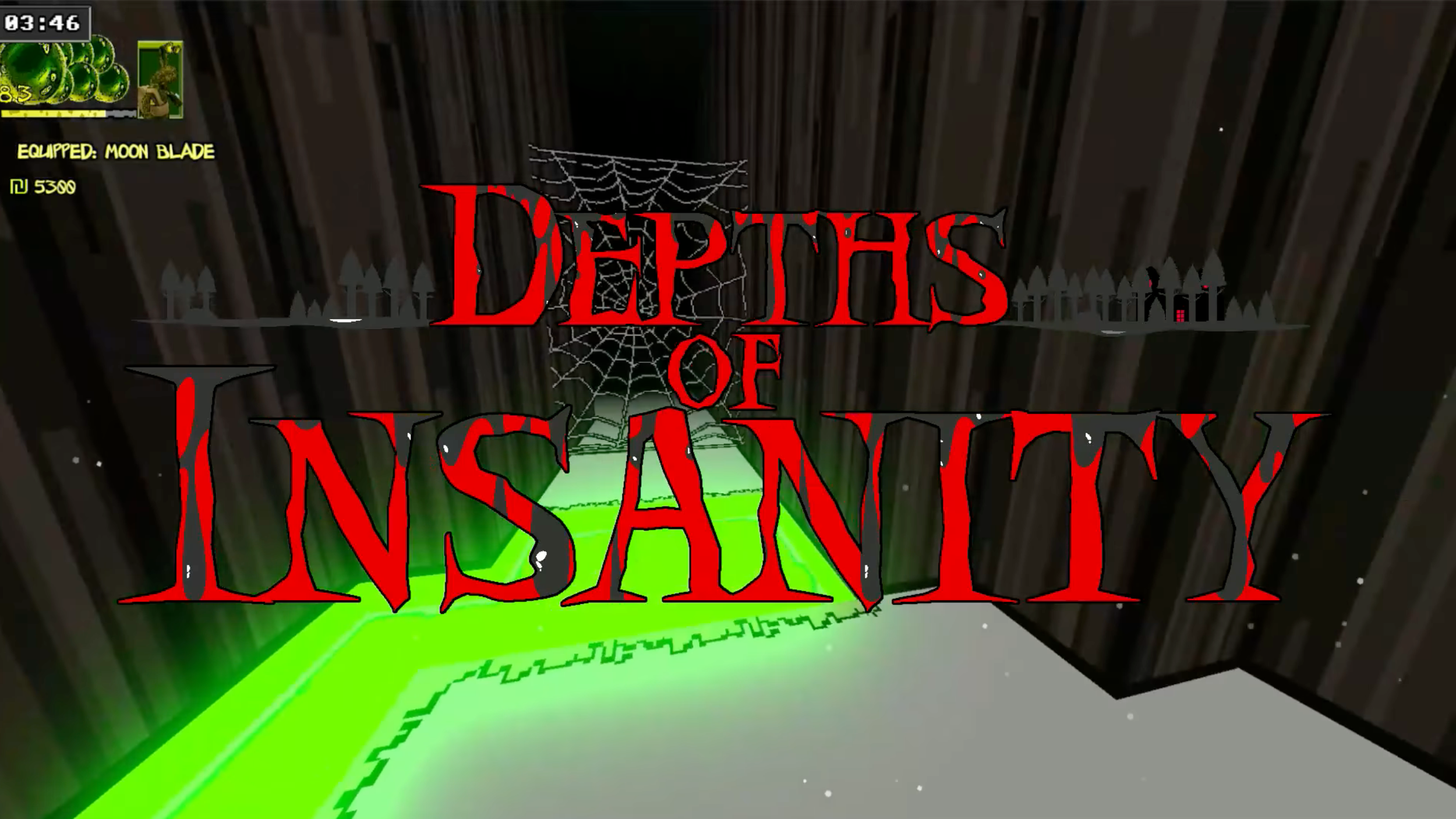 Video game scene with the title 'Depths of Insanity' in red text with spider webs, a green glowing pathway, and a dark wooden environment.