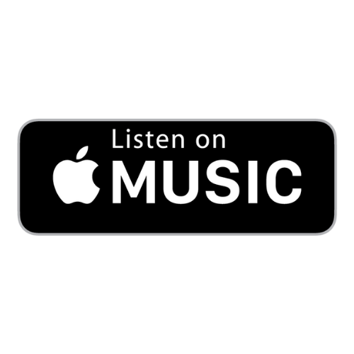 Black background with a rectangular sign that says "Listen on Apple Music" with the Apple logo on the left and the text in white.