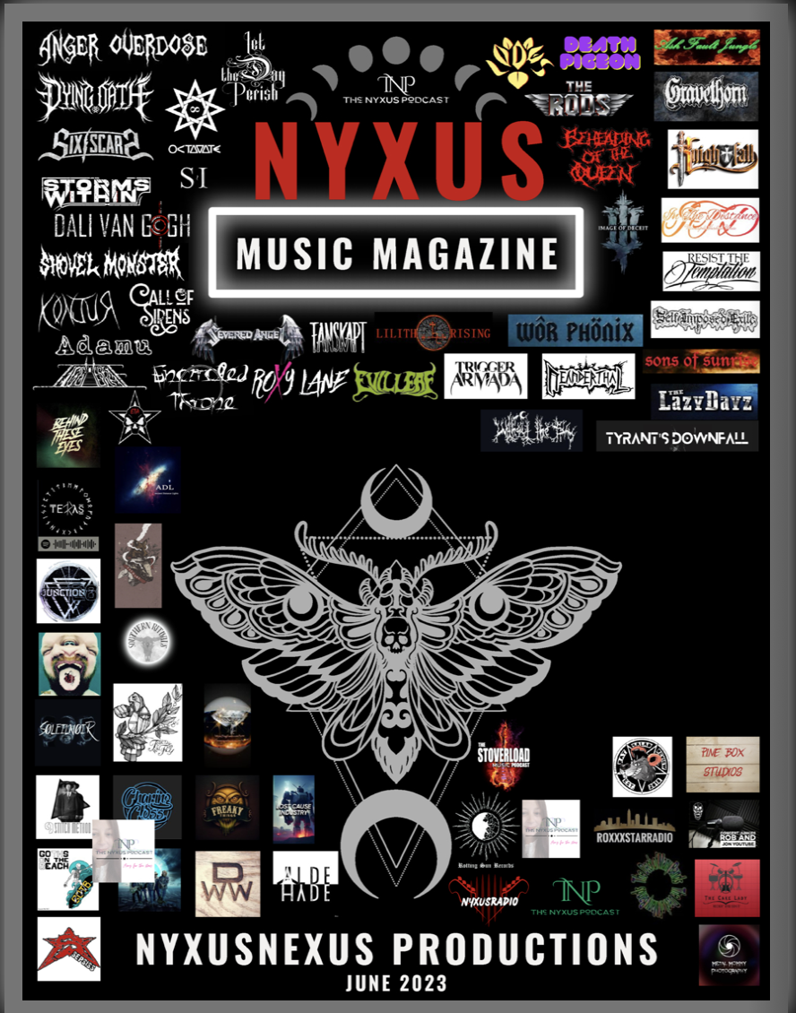 Collage of various music or podcast logos and titles, with a large stylized moth and geometric designs in the center, titled 'NYXUS NEXUS PRODUCTIONS JUNE 2023'.