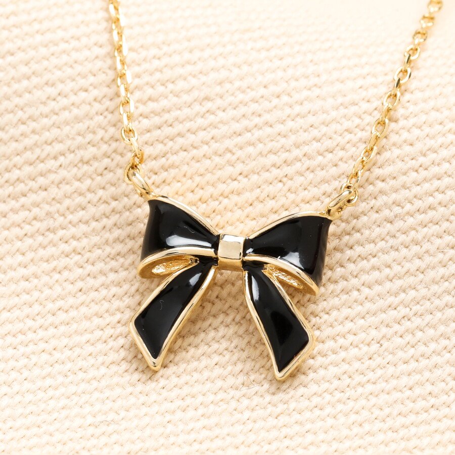 Lisa Angel Black Enamel Bow Pendant Necklace in Gold