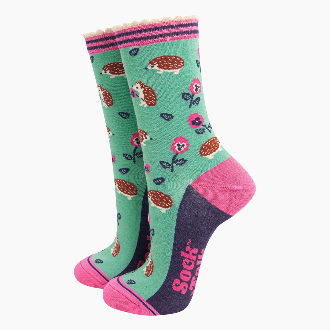Women's Bamboo Socks - Mint, Hedgehog and Pansies.png