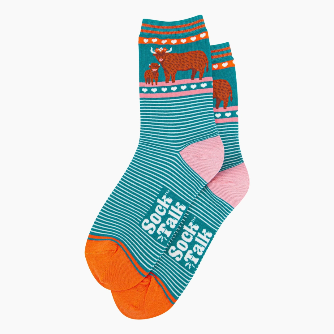 Women's Bamboo Socks - Teal, Highland Cow and Calf2.png