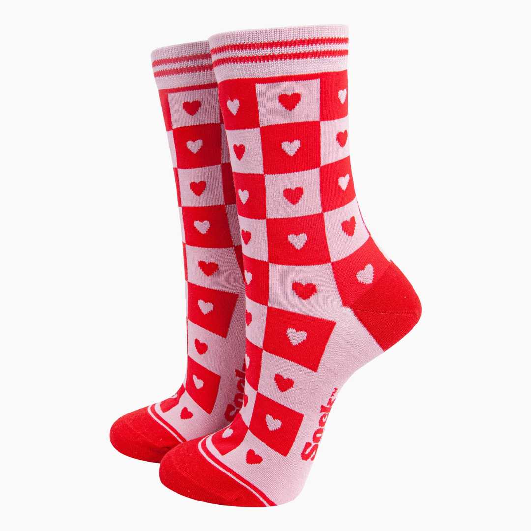 Heart Checkerboard Bamboo Socks in Pink Red.png