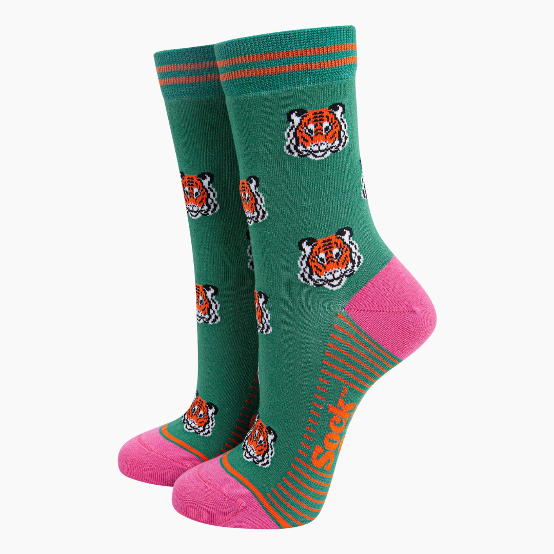 Tiger Faces Bamboo Socks in Green.png