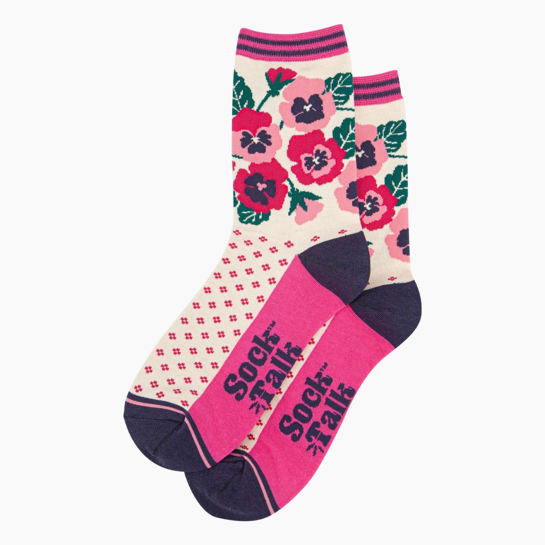 Women's Bamboo Socks - Cream Pink, Pansies2.png