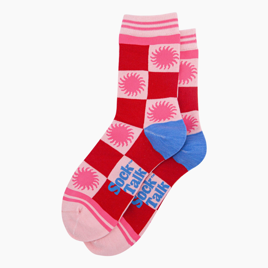 Sun Checkerboard Bamboo Socks in Red Pink2.png