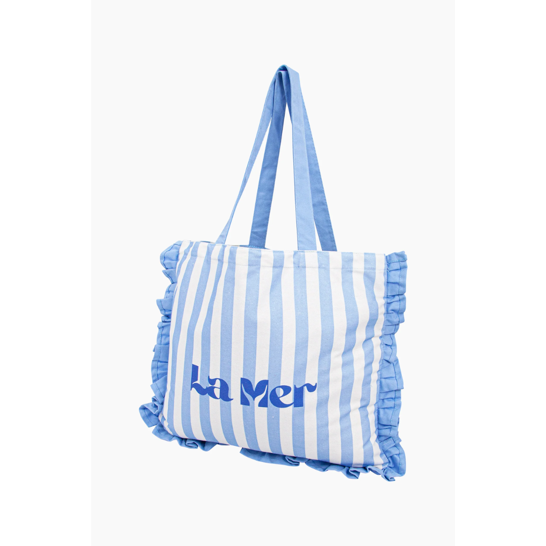 La Mer Striped Frilled Canvas Tote Bag in Blue.png