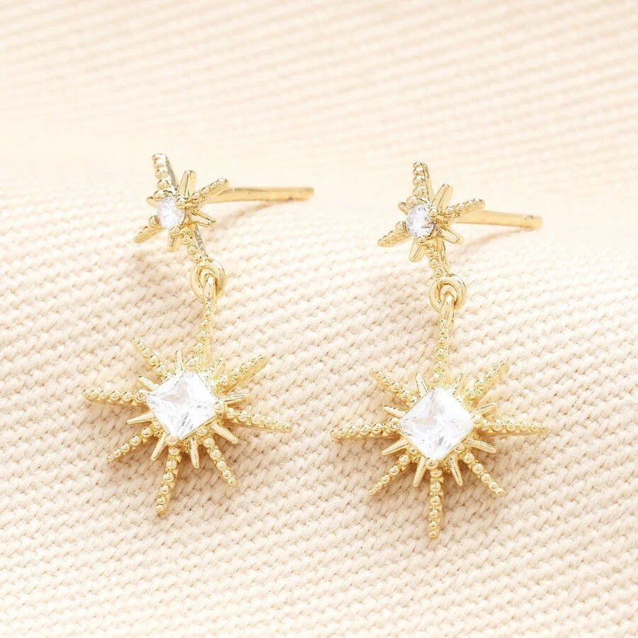 Lisa Angel Crystal Double Star Drop Earrings in Gold