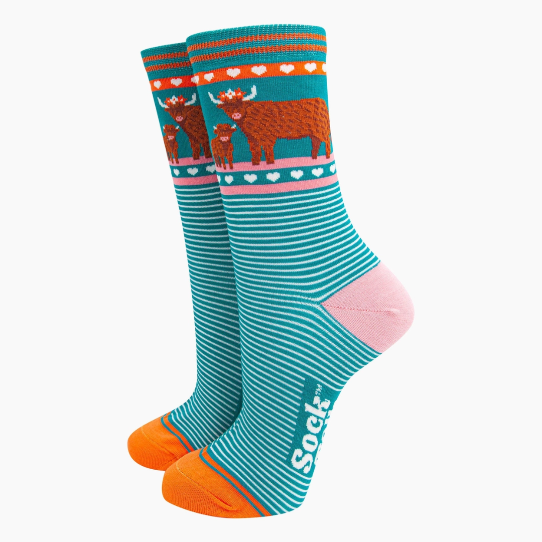 Women's Bamboo Socks - Teal, Highland Cow and Calf.png