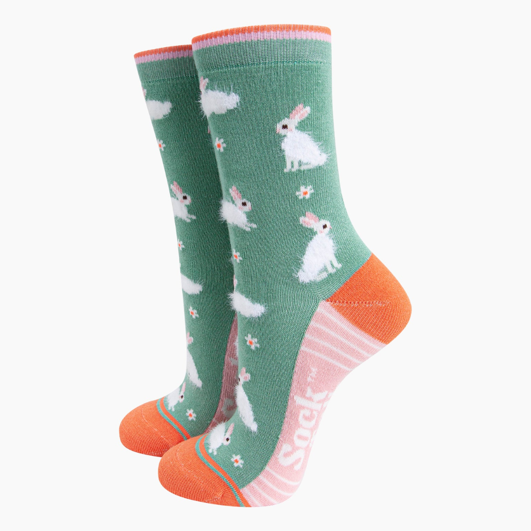 Bunny Rabbit Floral Fluffy Bamboo Socks in Green.png