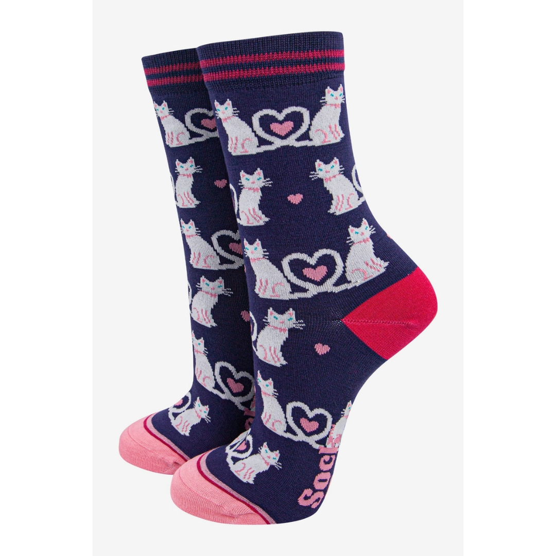 Women's Bamboo Socks - Navy Blue White, Cats.png