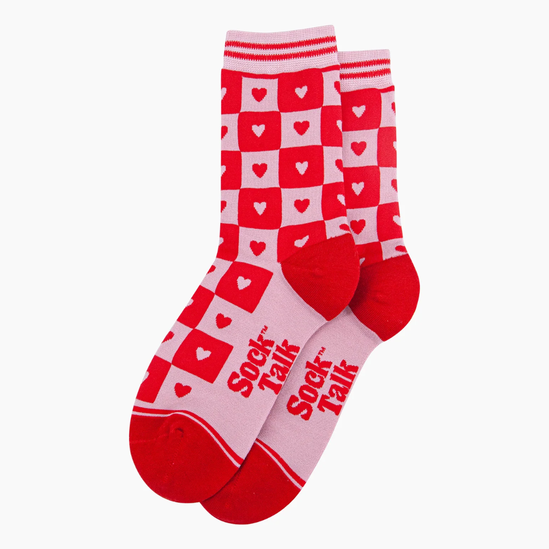 Heart Checkerboard Bamboo Socks in Pink Red2.png