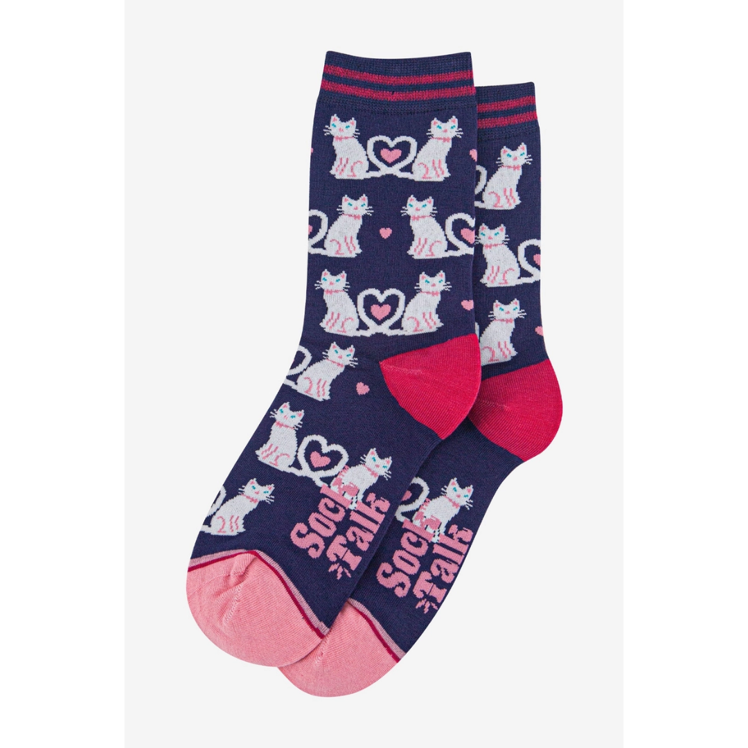 Women's Bamboo Socks - Navy Blue White, Cats2.png